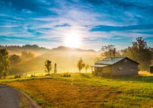 Old kentucky farm at sunset.